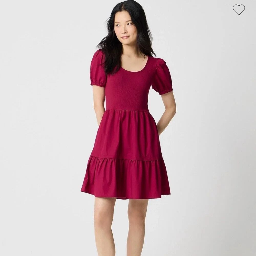 NWT J Crew Factory Puff-Sleeve Knit Mixy Mini Dress Bright Burgundy 2X